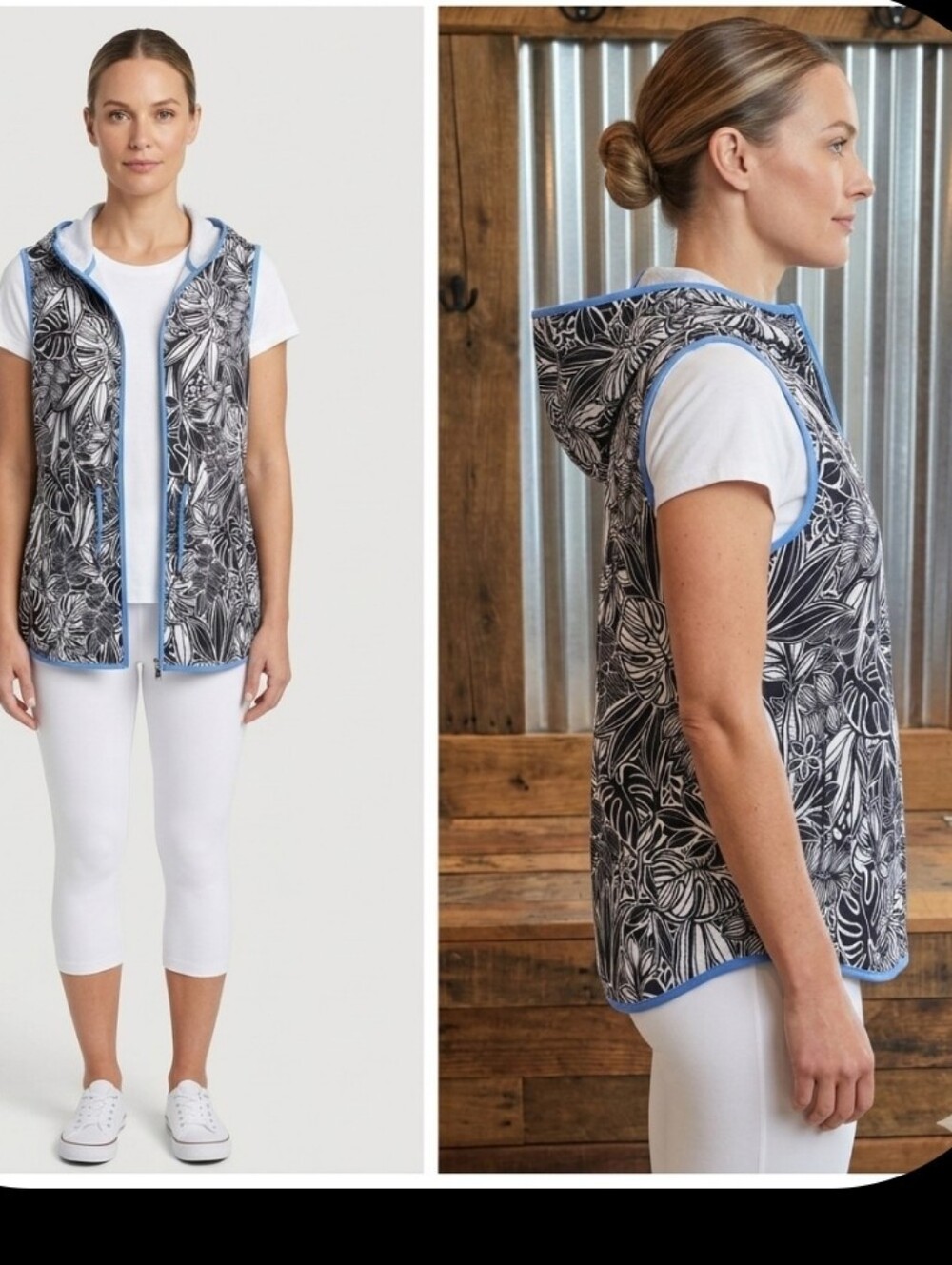 Leafy Hooded Vest L Black & White Ruby Rd